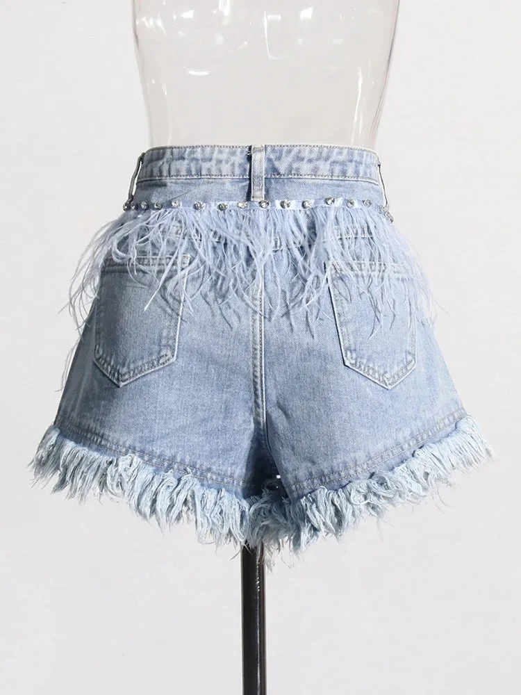 Patchwork Diamonds Designer Denim Shorts For Women High Waist Spliced Feathers Casual Short Pants Female Fashion