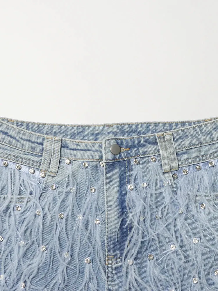 Patchwork Diamonds Designer Denim Shorts For Women High Waist Spliced Feathers Casual Short Pants Female Fashion