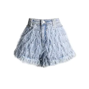 Patchwork Diamonds Designer Denim Shorts For Women High Waist Spliced Feathers Casual Short Pants Female Fashion