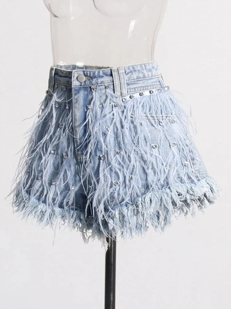 Patchwork Diamonds Designer Denim Shorts For Women High Waist Spliced Feathers Casual Short Pants Female Fashion