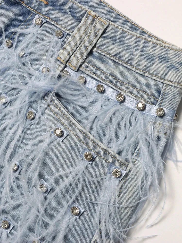 Patchwork Diamonds Designer Denim Shorts For Women High Waist Spliced Feathers Casual Short Pants Female Fashion