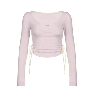 Pink Cute Frill Trim Female T-shirt Long Sleeve Tee Coquette Clothes Korean Fashion Tie Up Shirring Top Ruched Shirts