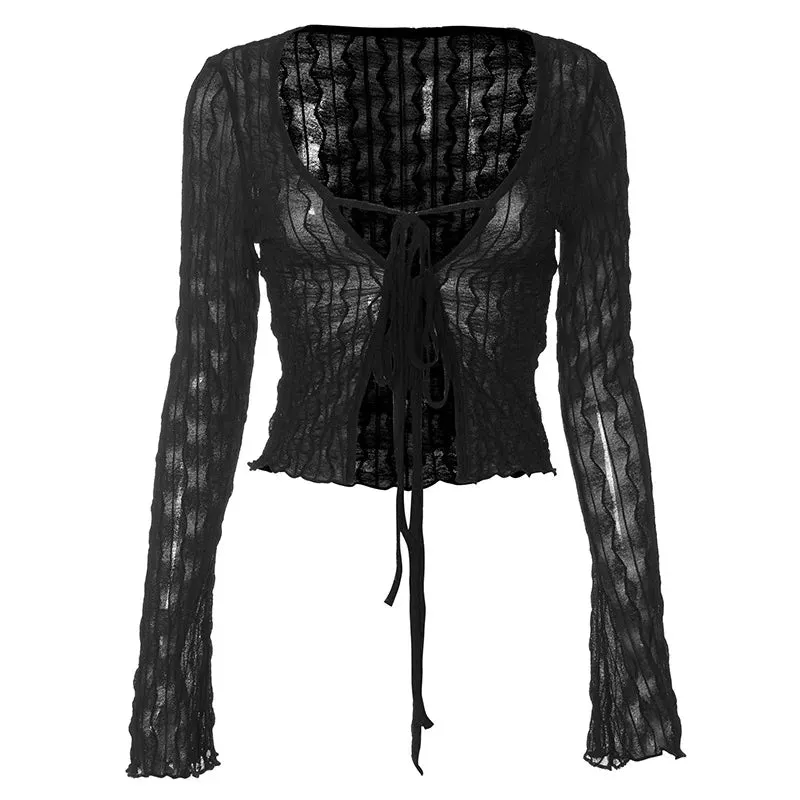 See Through Mesh White Black Tops Y2k Clothing Tie Front Cropped Cardigan Long Sleeve Shirts Women Spring 2024 P85BH12