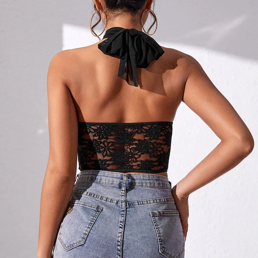 Sexy Crossed Halter Neck Lace Floral Mesh Cropped Corset Top - Black