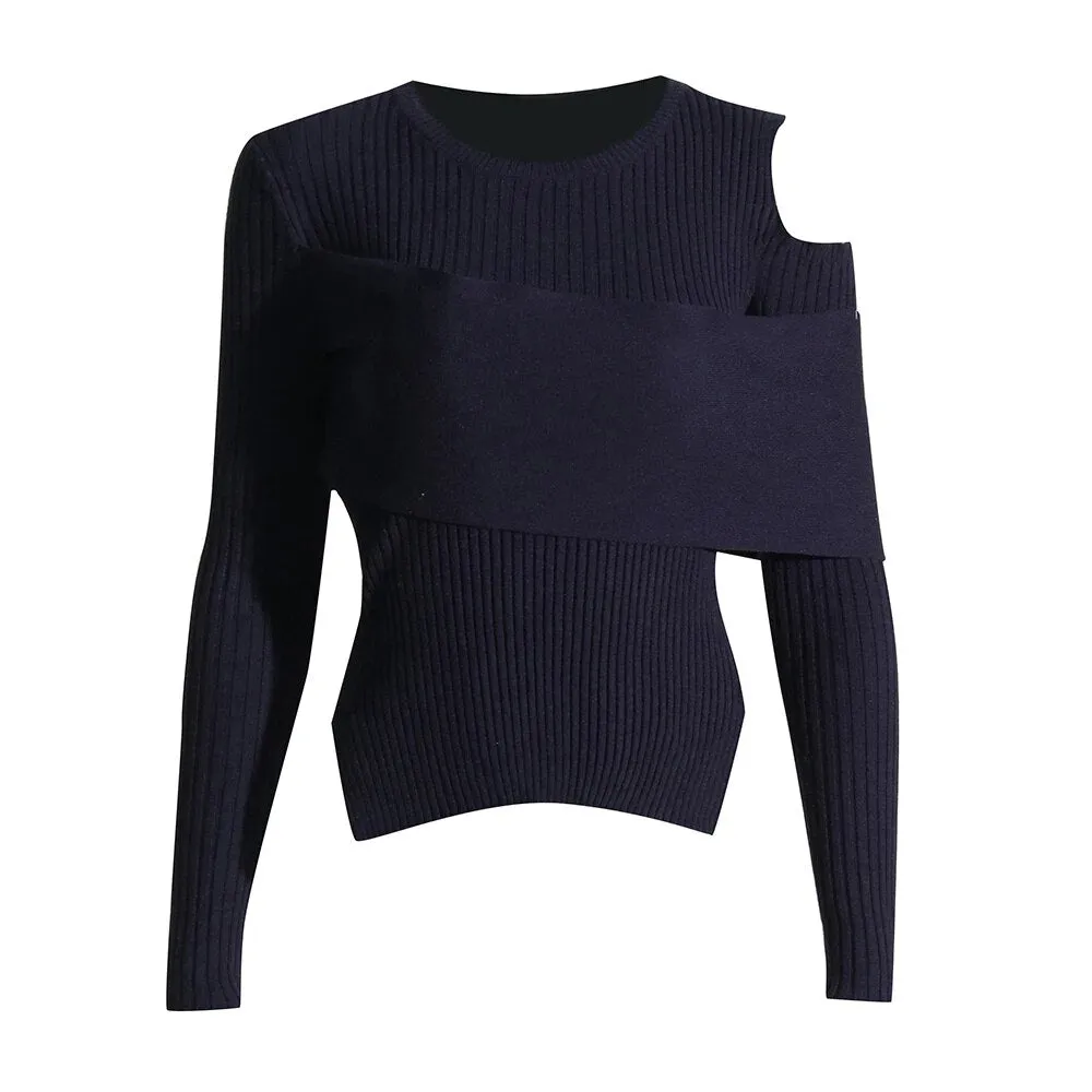 Slim Knitting Sweater For Women Round Neck Long Sleeve Cut Out Off Shoulder Solid Sweaters Female Clothing Fashion