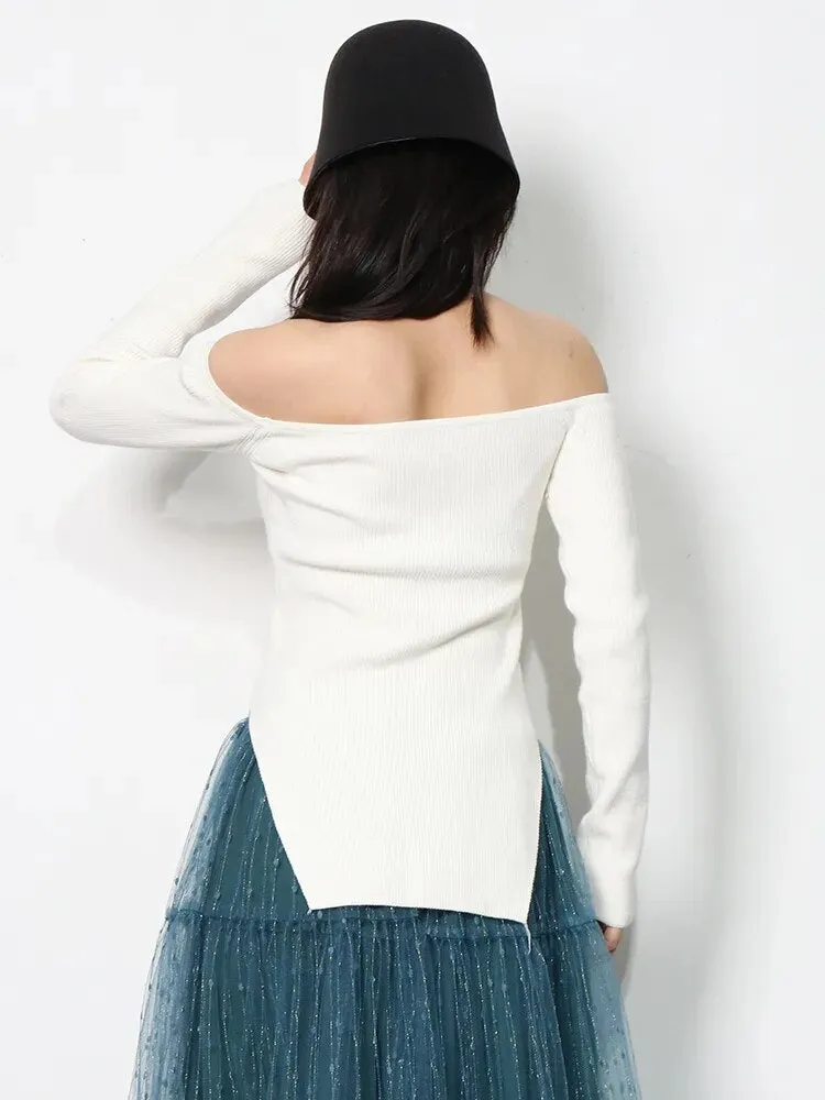 Solid Minimalist Sweater For Women Square Collar Long Sleeve Slim Knitting Pullover Female Fashion Clothing