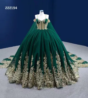 Spaghetti Straps Dark Green Prom Dress Ball Gown Beaded Pageant Dress RSM222194