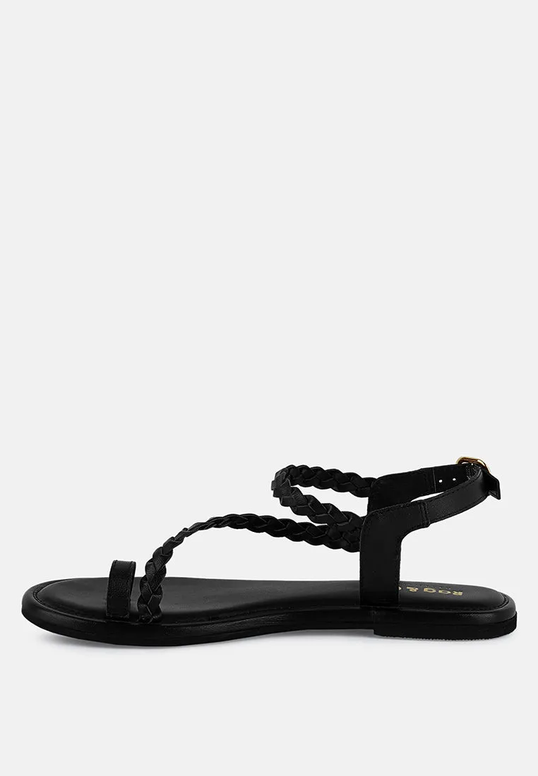 STALLONE Black Braided Flat Sandals