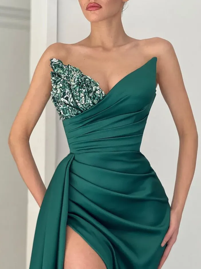 Strapless V neck Mermaid Prom Dress Satin Dark Green Cheap Evening Gowns #POL027