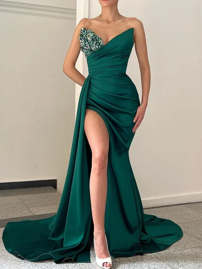 Strapless V neck Mermaid Prom Dress Satin Dark Green Cheap Evening Gowns #POL027