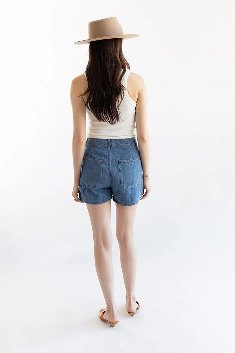 Trouser Denim Shorts with Tan Stitching