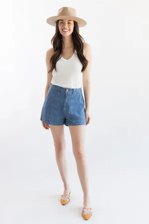 Trouser Denim Shorts with Tan Stitching