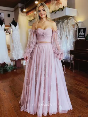 Two Piece Dusty Pink Long Prom Dress Puff Sleeve Formal Dresses Evening Dress KPY057