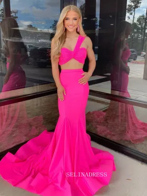 Two Pieces One Shoulder Mermaid Long Prom Dresses Hot Pink Evening Gowns sew1013