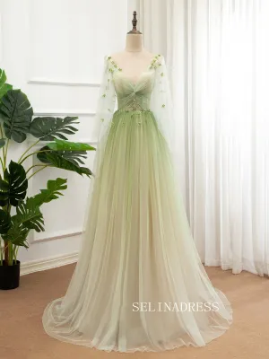 V neck A-line Ombre Prom Dress With Long Sleeve Elegant Evening Dress Party Dress #JKW002