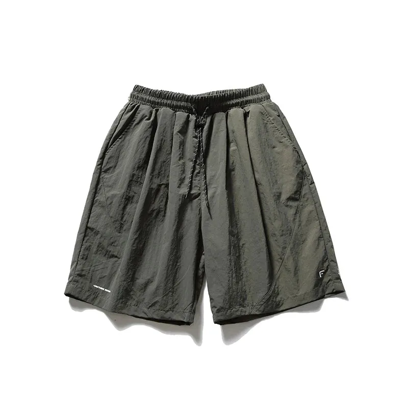 Wiaofellas  -   Summer Thin Embroidered Loose Sports Shorts Men's Japan fashion Simple Drawstring Wrinkle Feeling Cargo Quick-Drng Shorts