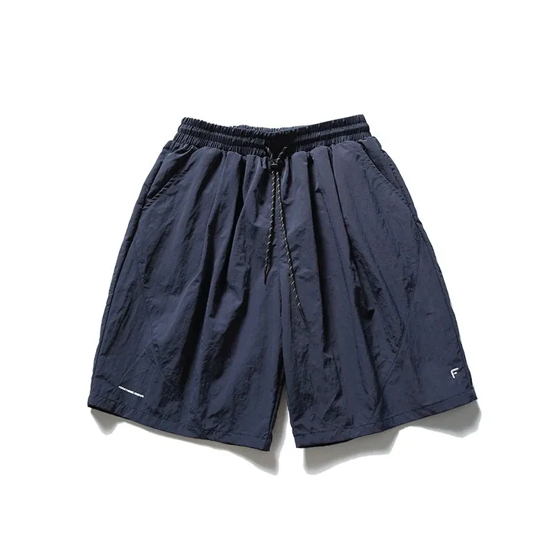 Wiaofellas  -   Summer Thin Embroidered Loose Sports Shorts Men's Japan fashion Simple Drawstring Wrinkle Feeling Cargo Quick-Drng Shorts